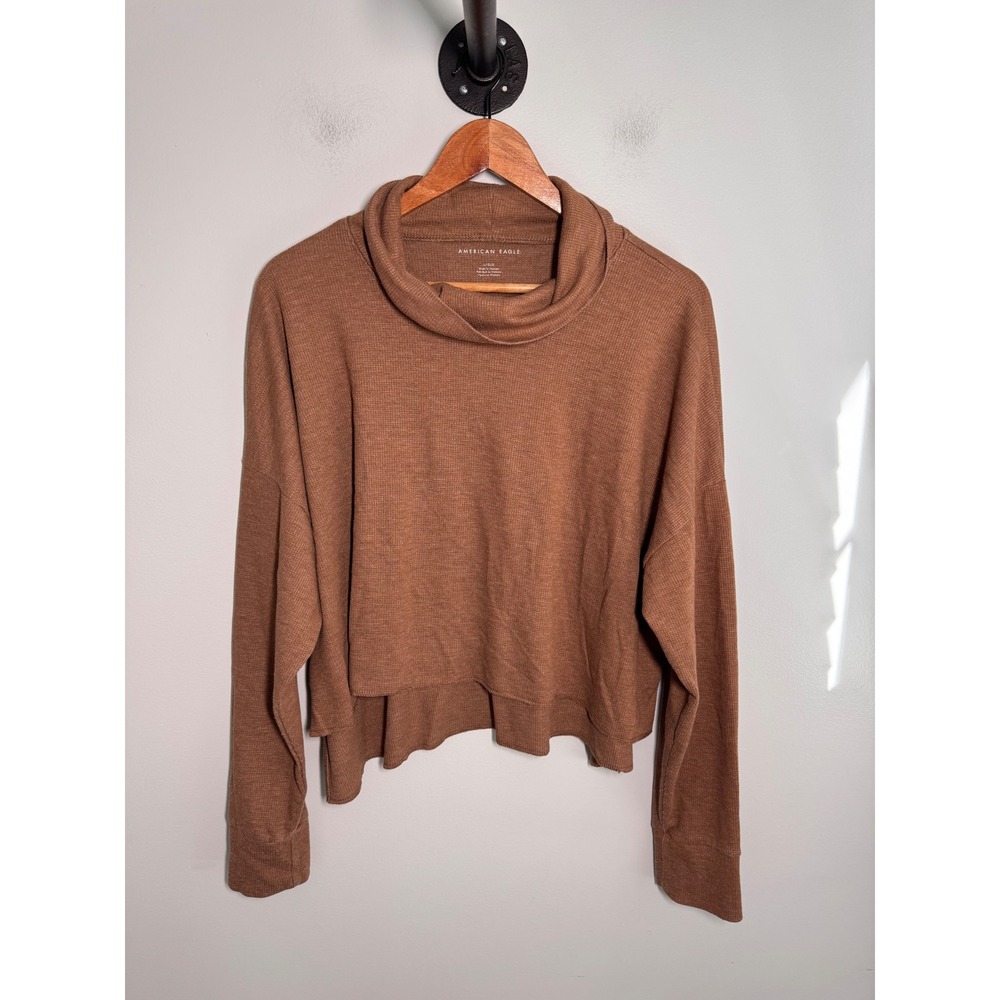 American Eagle Waffle Knit Cowl Neck Sweater Brown Clay Crop High Low Large
